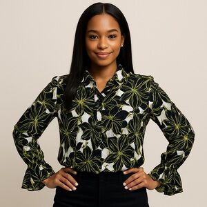 Milly Floral Black and Green Women's Top Size L